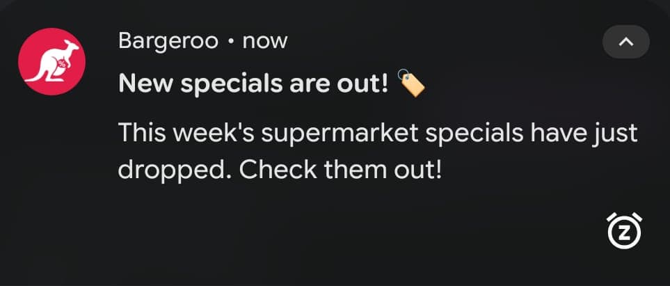 Bargeroo push notification: New specials are out!