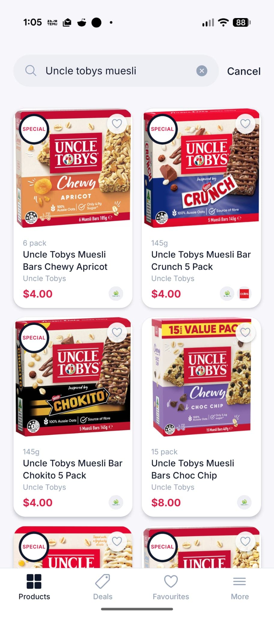 Bargeroo app search screen showing product results for Uncle Tobys muesli